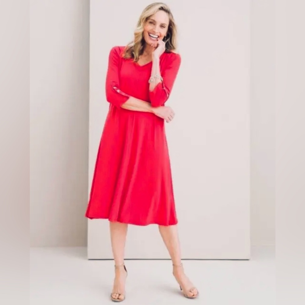 Chicoβs Travelers Easy Chic 3/4 Button Sleeve Fit & Flare Midi Red Zinnia Size 1